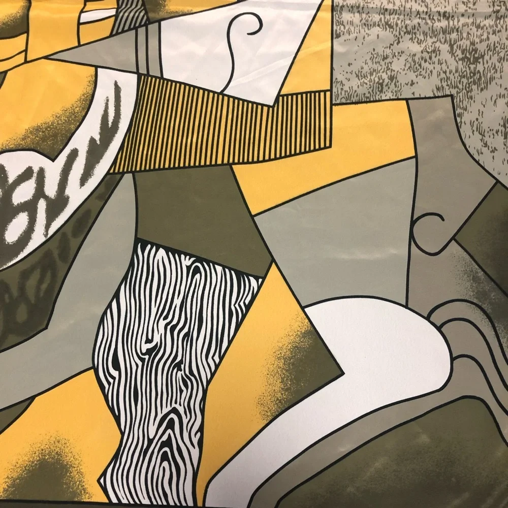 Picasso Design 100% Silk Scarf - Gold Green/Grey Black Geometric Abstract Modern